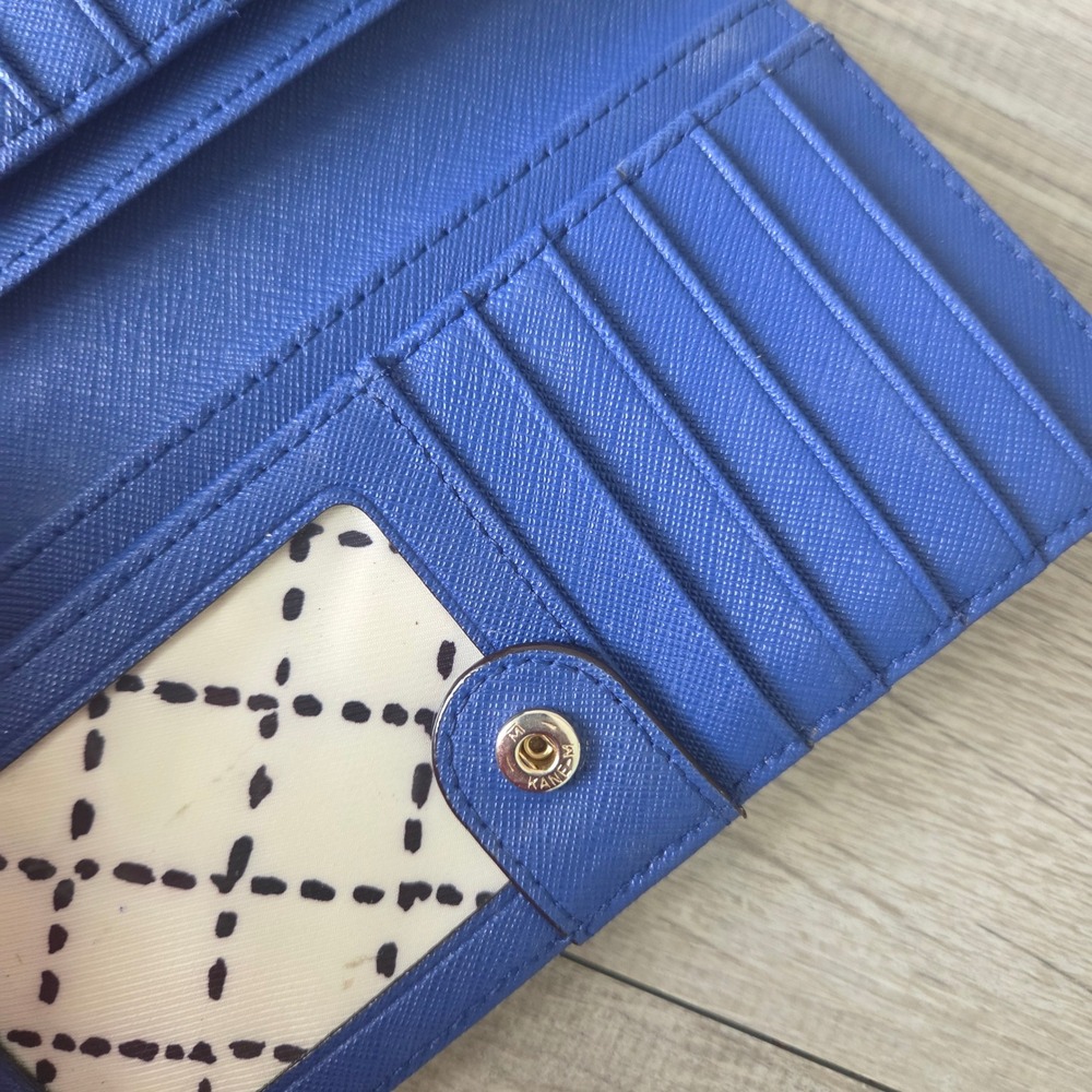 Kate Spade Wallet Bifold Slim Womens Blue Saffiano Leather Gold Logo Zip Pocket - Picture 8 of 11